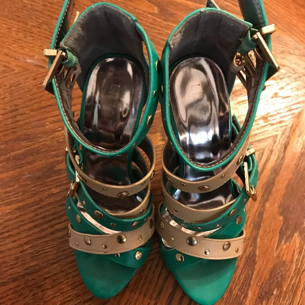 Gorgeous Tan, Teal & Gold Studded Double Ankle Strap High Heels!